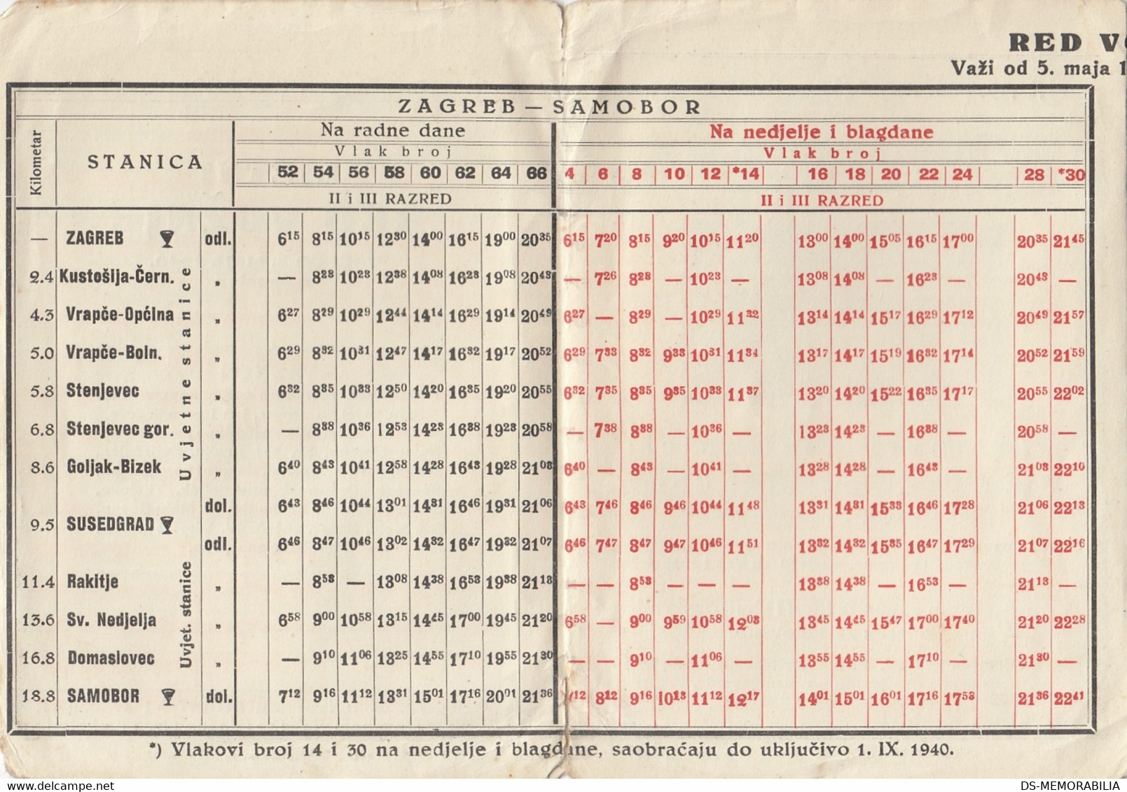 Timetable Red Voznje Railway Zagreb - Samobor 1940 - Europe