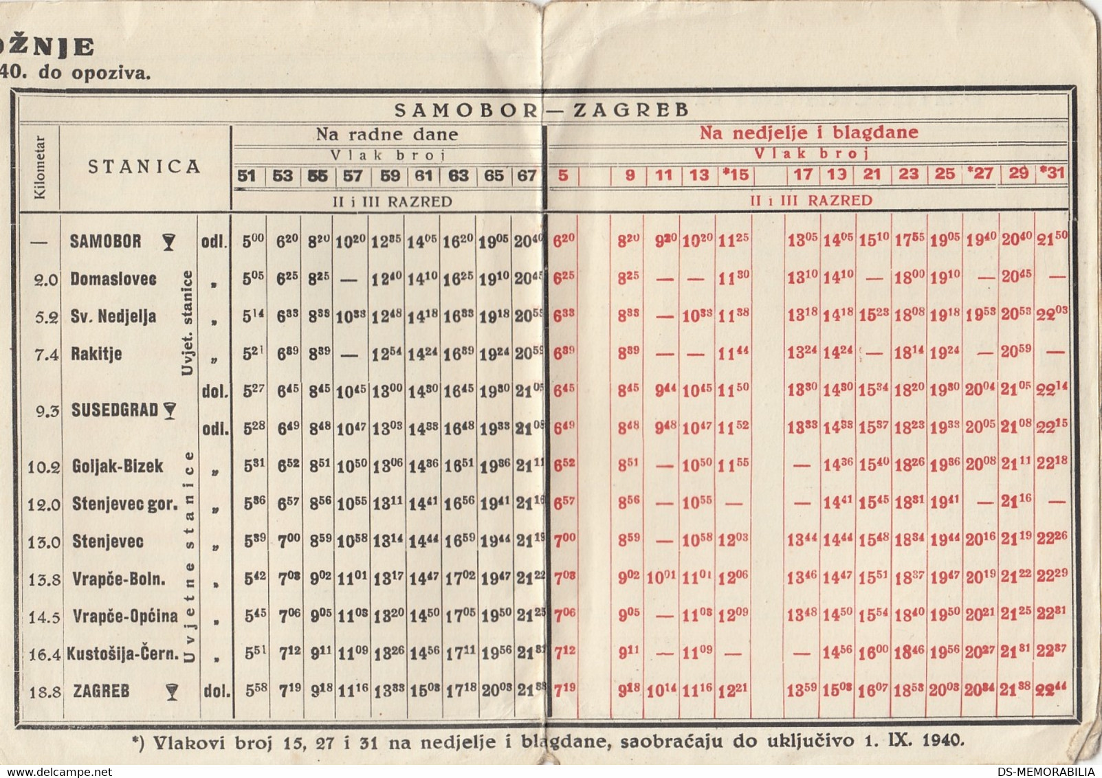 Timetable Red Voznje Railway Zagreb - Samobor 1940 - Europe