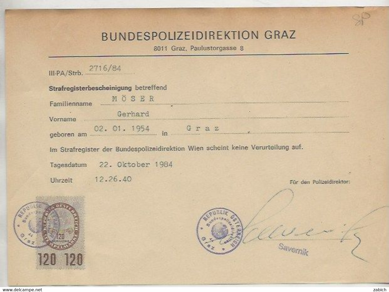 FISCAUX AUTRICHE  1984  120 SCHILLING BRUN - Fiscale Zegels