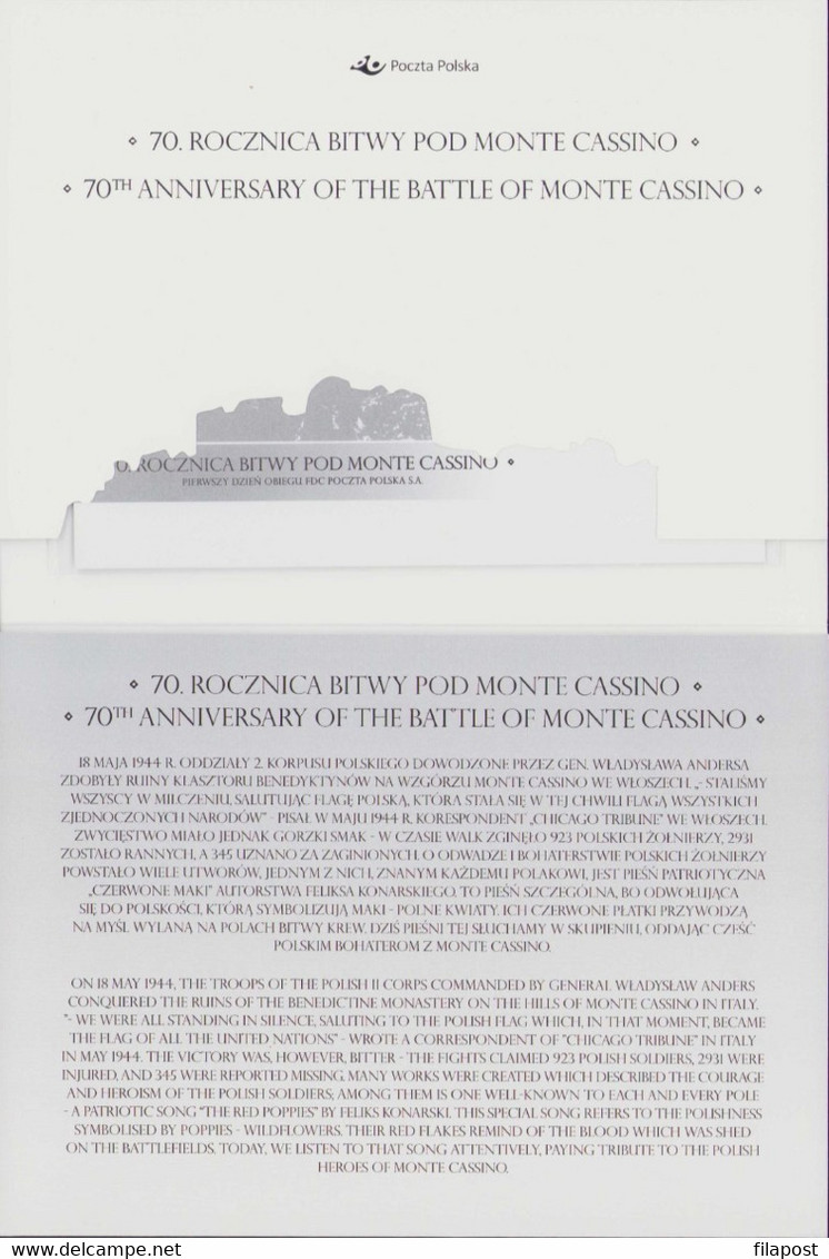 Poland 2014 Souvenir Booklet / The Battle Of Monte Cassino, General Anders, Poppy Flower / FDC + Stamp MNH**FV - Postzegelboekjes