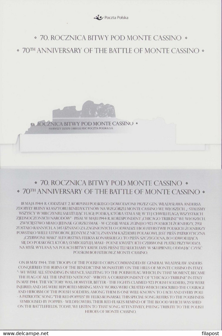 Poland 2014 Souvenir Booklet / The Battle Of Monte Cassino, General Anders, Poppy Flower / FDC + Stamp MNH**FV - Markenheftchen