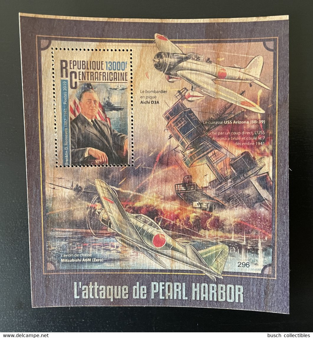 Centrafricaine 2019 Mi. Bl. ? Attaque Pearl Harbor Roosevelt War Planes Aichi Mitsubishi Wooden Wood Bois Holzfurnier - Central African Republic