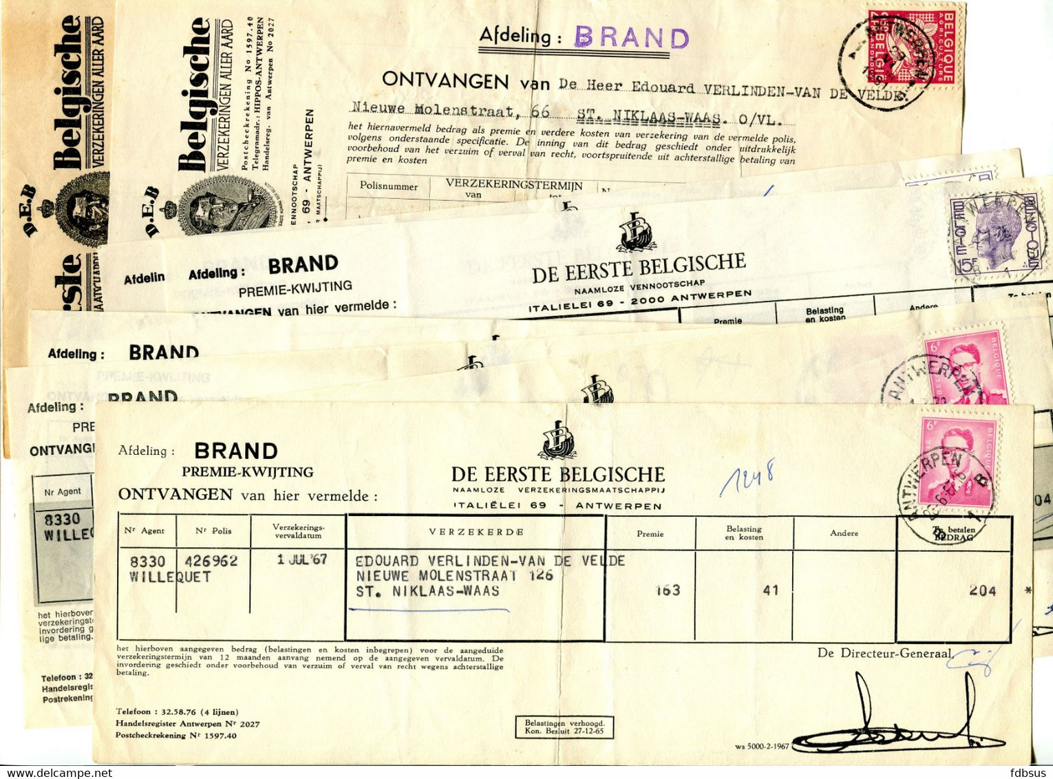 Diverse Kwijtingen Vanaf 1941 Tot 1977 - DE EERSTE BELGISCHE - LA PREMIERE BELGE - Assurances - Verzekeringen In Map - Banque & Assurance