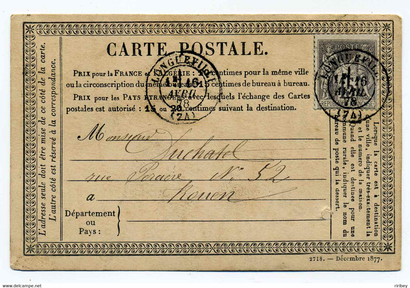 Carte Precurseur CPO / T17 LONGUEVILLE / Dept 74 Seine Inférieure / 1878 - 1877-1920: Semi Modern Period