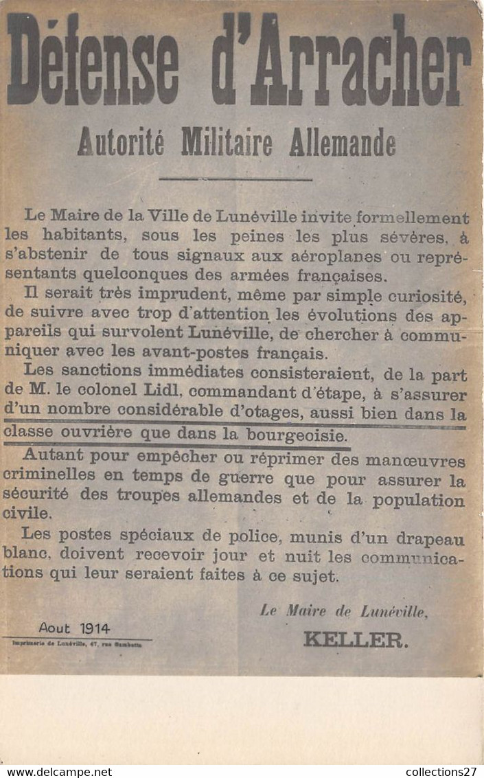 54-LUNEVILLE-AVIS AUX HABITANTS -  DEFENSE D'ARRACHER- AUTORITE MILITAIRE ALLEMANDE - Luneville