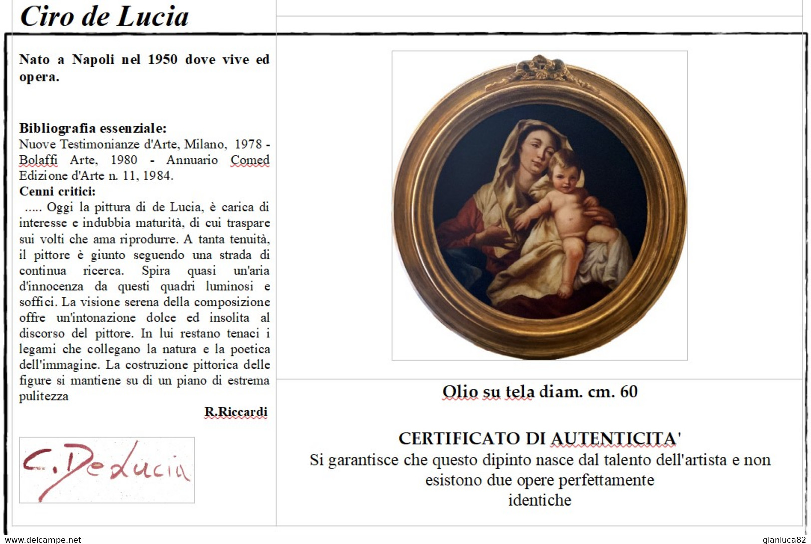 Dipinto Ad Olio Su Tela Madonna Con Bambino Di Ciro De Lucia Con Certificato Autenticità (G50) (5DBEM) - Huiles