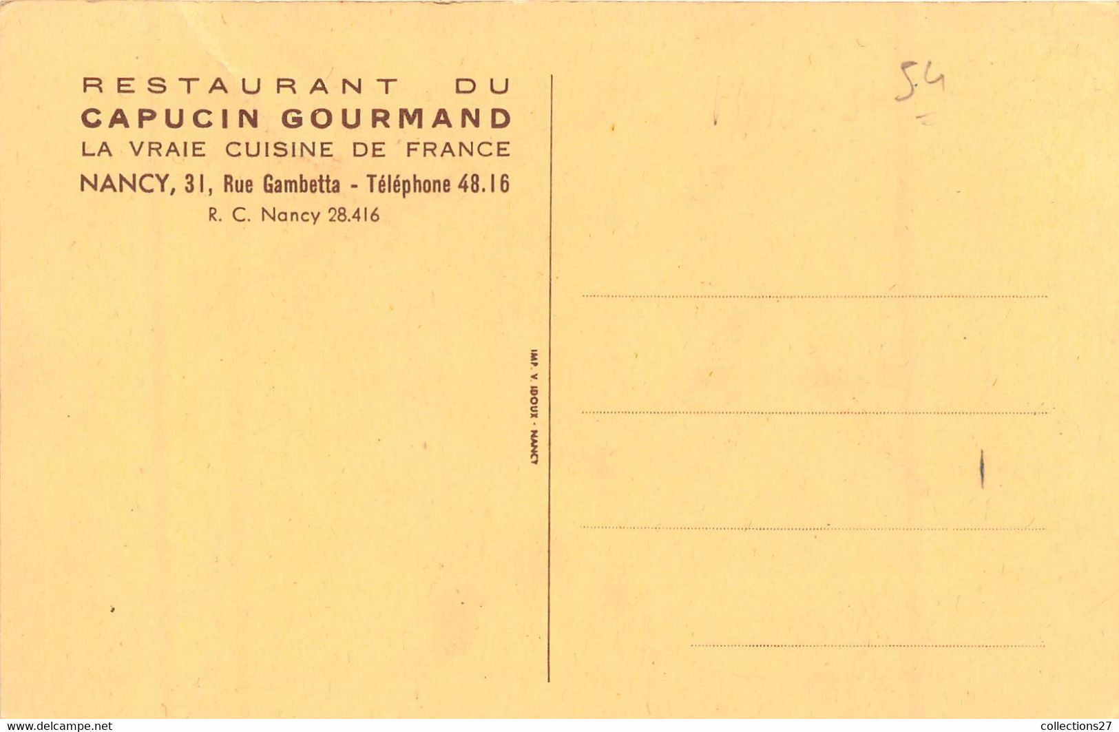 54-NANCY- RESTAURANT DU CAPUCIN GOURMAND 31 RUE GAMBETTA - Nancy