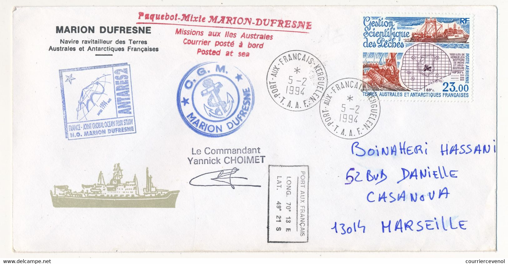 Enveloppe TAAF -  Port Aux Français Kerguelen 5/2/1994 - Marion Dufresne Mission Antares II S/ 23,00 Gestion Des Pêches - Lettres & Documents