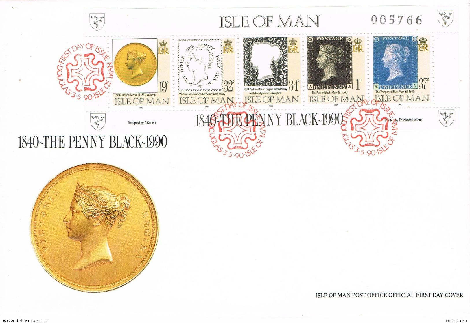 39707. Carta F.D.C. DOUGLAS (Isle Of MAN)  1990. 150 Anniversary PENNY BLACK, Coin - Man (Ile De)