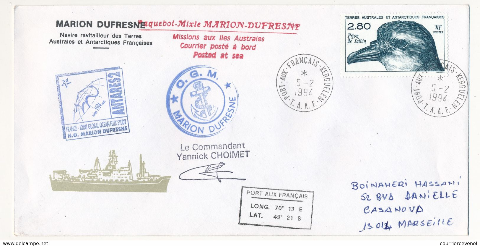 Enveloppe TAAF - Port Aux Français Kerguelen 5/2/1994 - Marion Dufresne Mission Antares II S/ 2,80 Prion De Salvin - Storia Postale