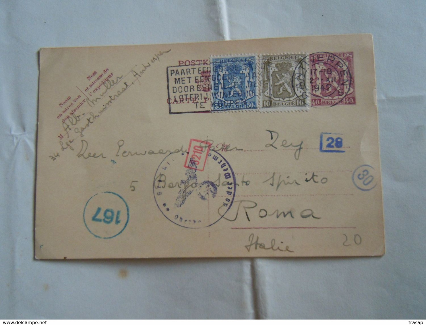 CARTE POSTALE 1942 CENSURE  10C+40+50    E  Vers ITALIA ROME - Autres & Non Classés