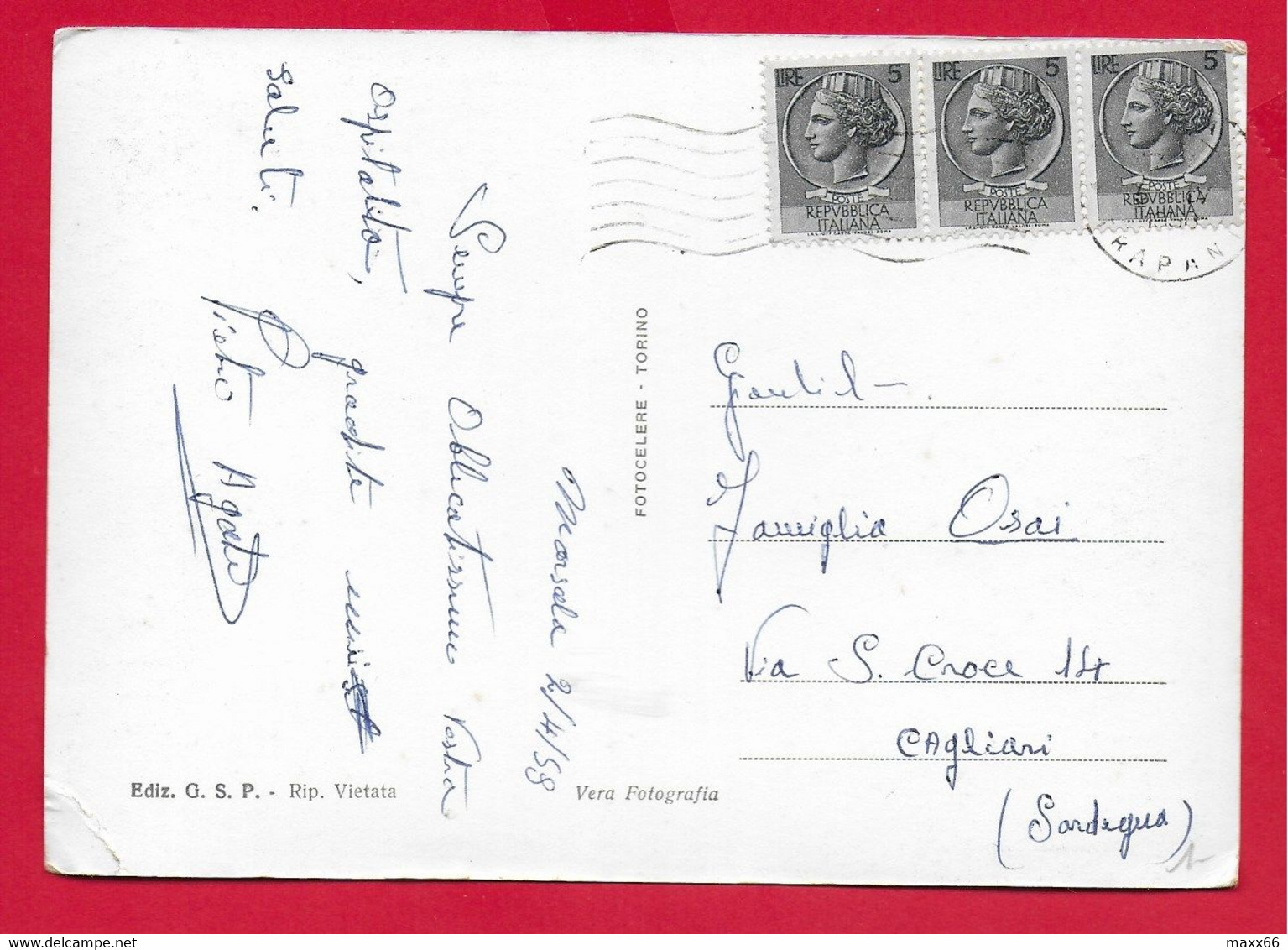 CARTOLINA VG ITALIA - MARSALA (TP) - Interno Villa Francesco Crispi - Busti F. Cavalletti E E. Lombardi - 10 X 15 - 1960 - Marsala