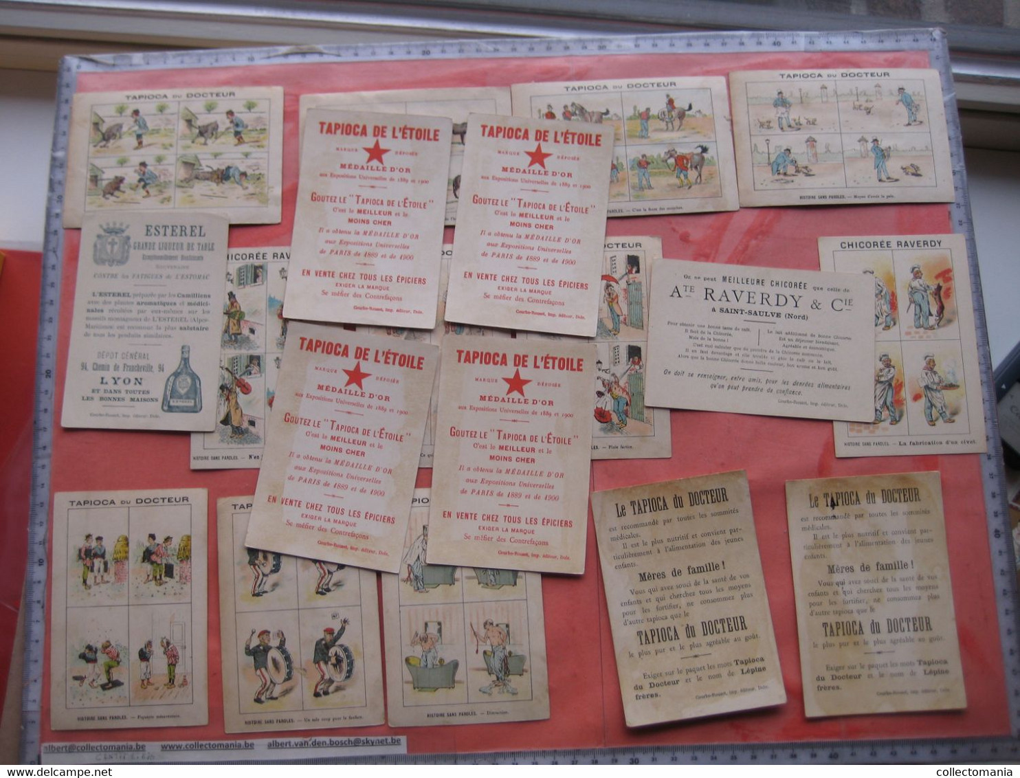 19 cartes chromos  bandes dessinés avant l'invention  c1890,  publicitaires Tapioca; imprimeur COURBE ROUZET humor