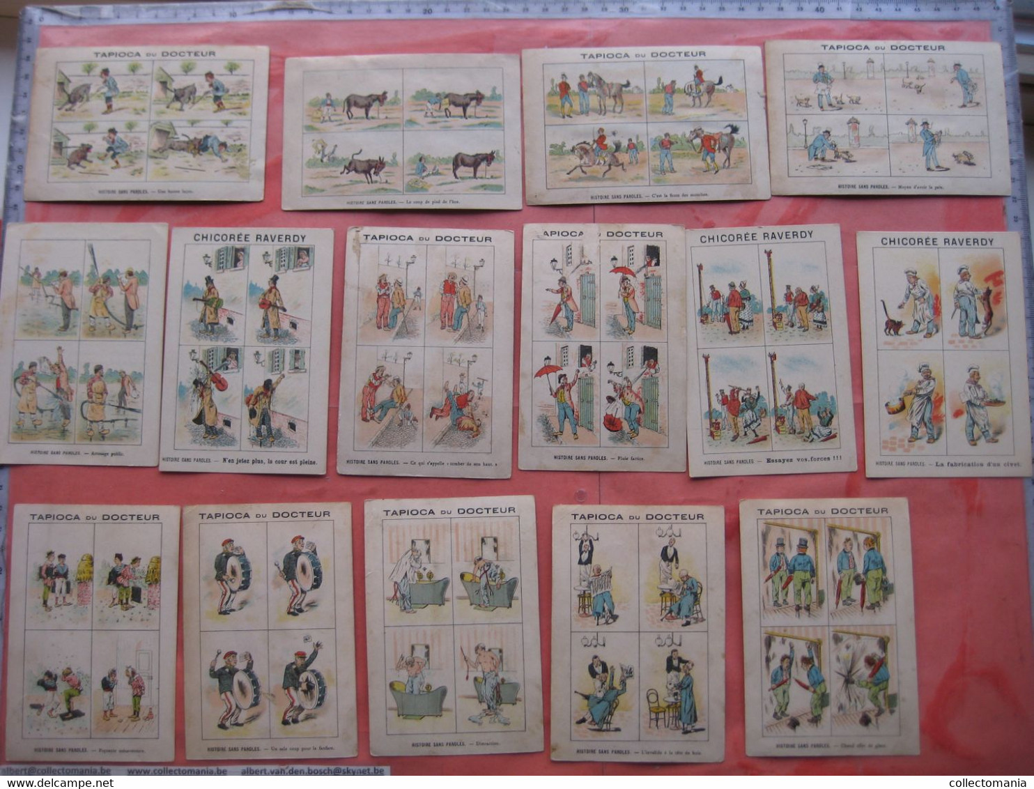 19 cartes chromos  bandes dessinés avant l'invention  c1890,  publicitaires Tapioca; imprimeur COURBE ROUZET humor