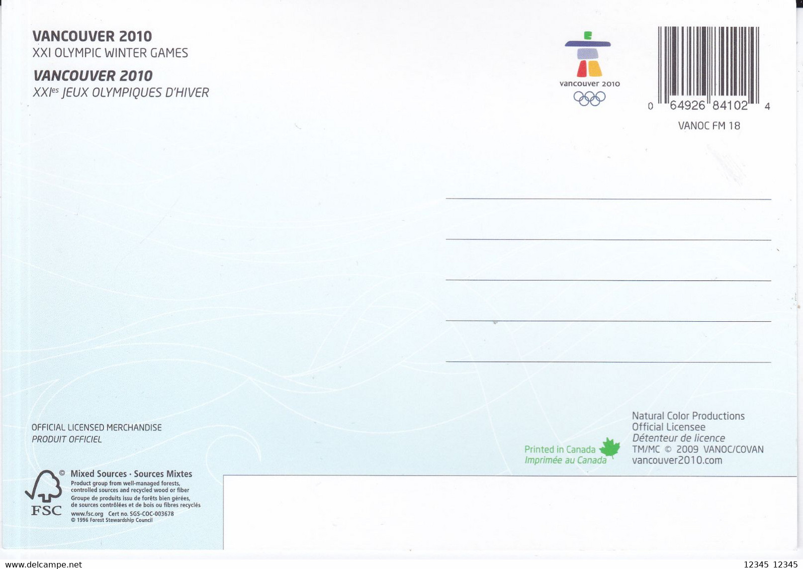 Canada 2010, Unused Card Olympic Games - Estuches Postales/ Merchandising