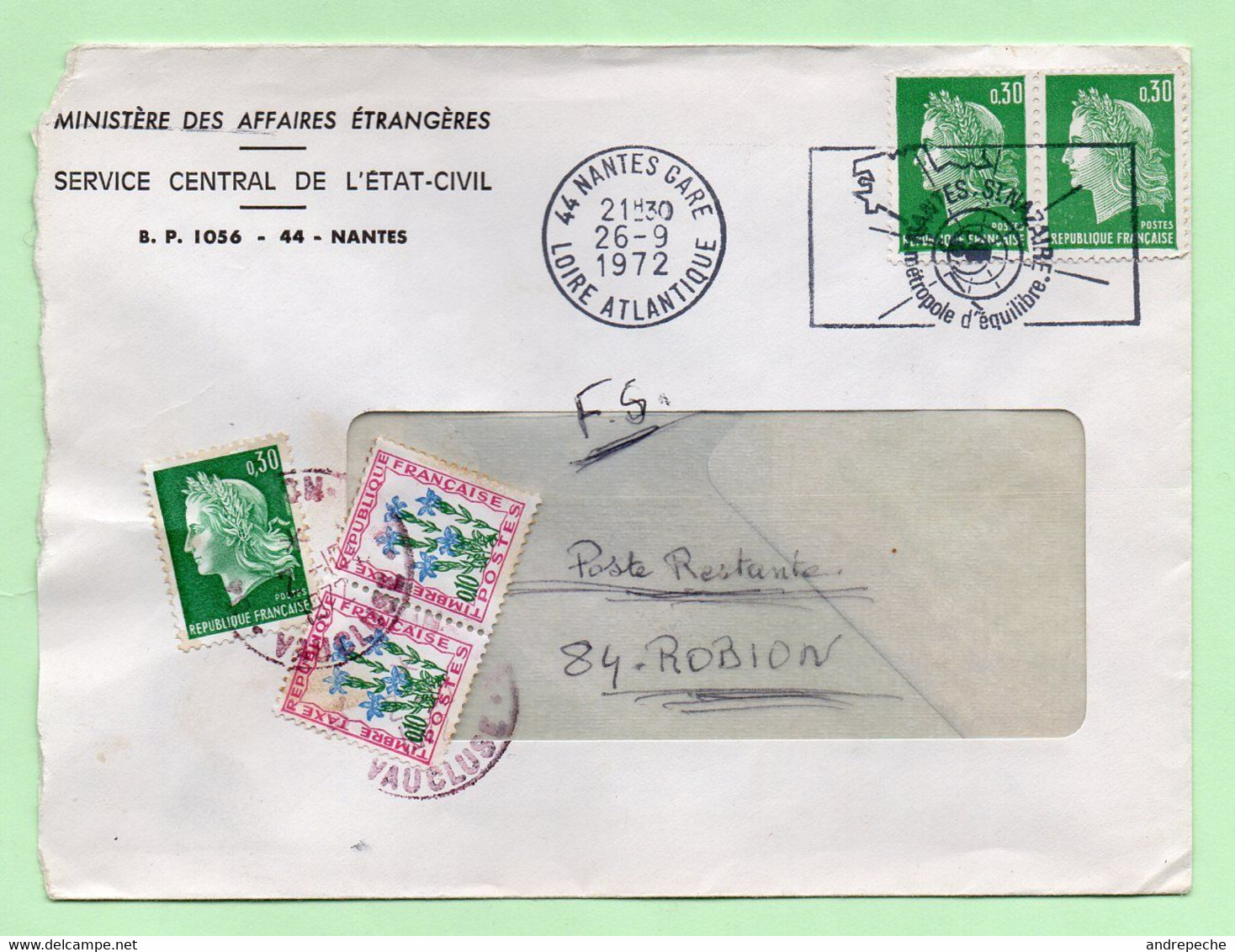 0,10 "FLEURS" X2 + 0,30 "CHEFFER" (Utilisé Comme Taxe) - Sur Lettre En POSTE RESTANTE - 1972 - - 1859-1959 Cartas & Documentos