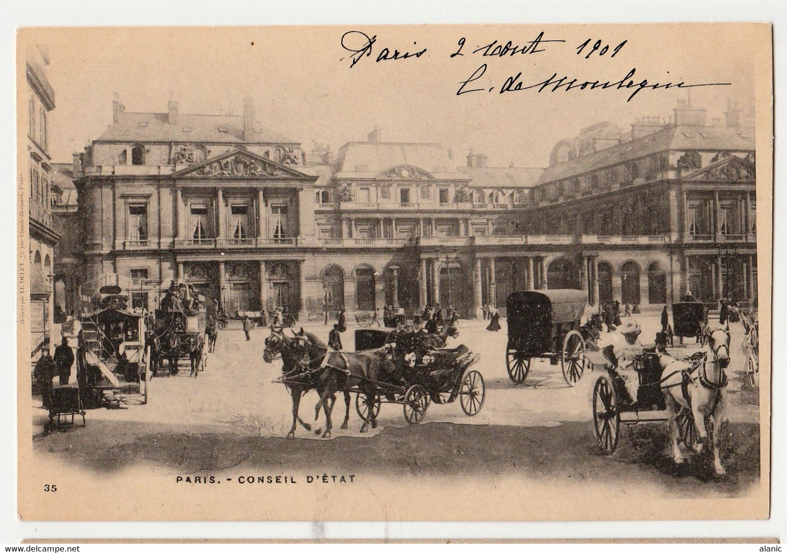 75-PARIS-CONSEIL D'ETAT ATTELAGE Circulée  2  AOUT 1901 PRECURSEUR - Parks, Gärten