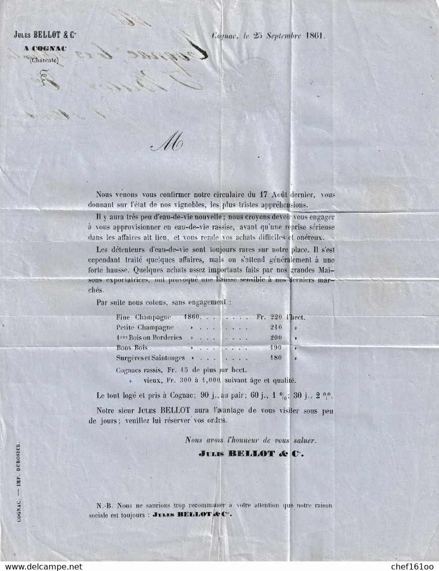 Cognac (Charente) : N°11 Seul Sur Circulaire Jules Bellot & Cie (prix Courants), TàD 15, 1861. - 1849-1876: Classic Period