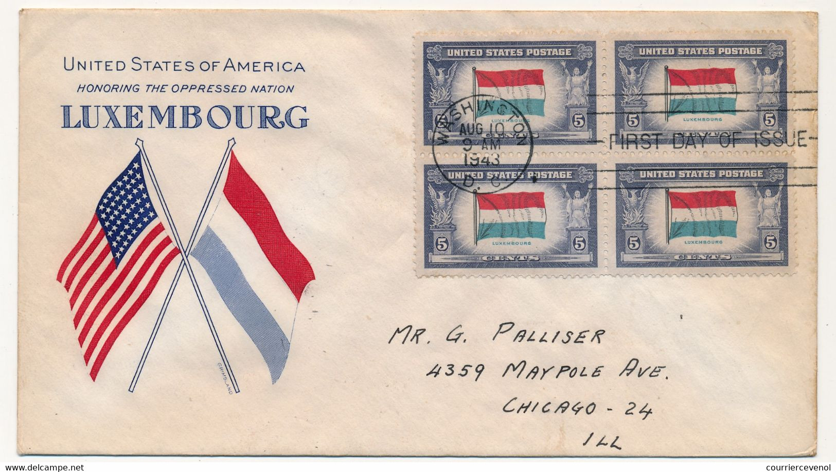 USA / LUXEMBOURG - Enveloppe FDC Honneur à La Nation Oppressée LUXEMBOURG - 1943 - Bloc De Quatre - Guerre Mondiale (Seconde)