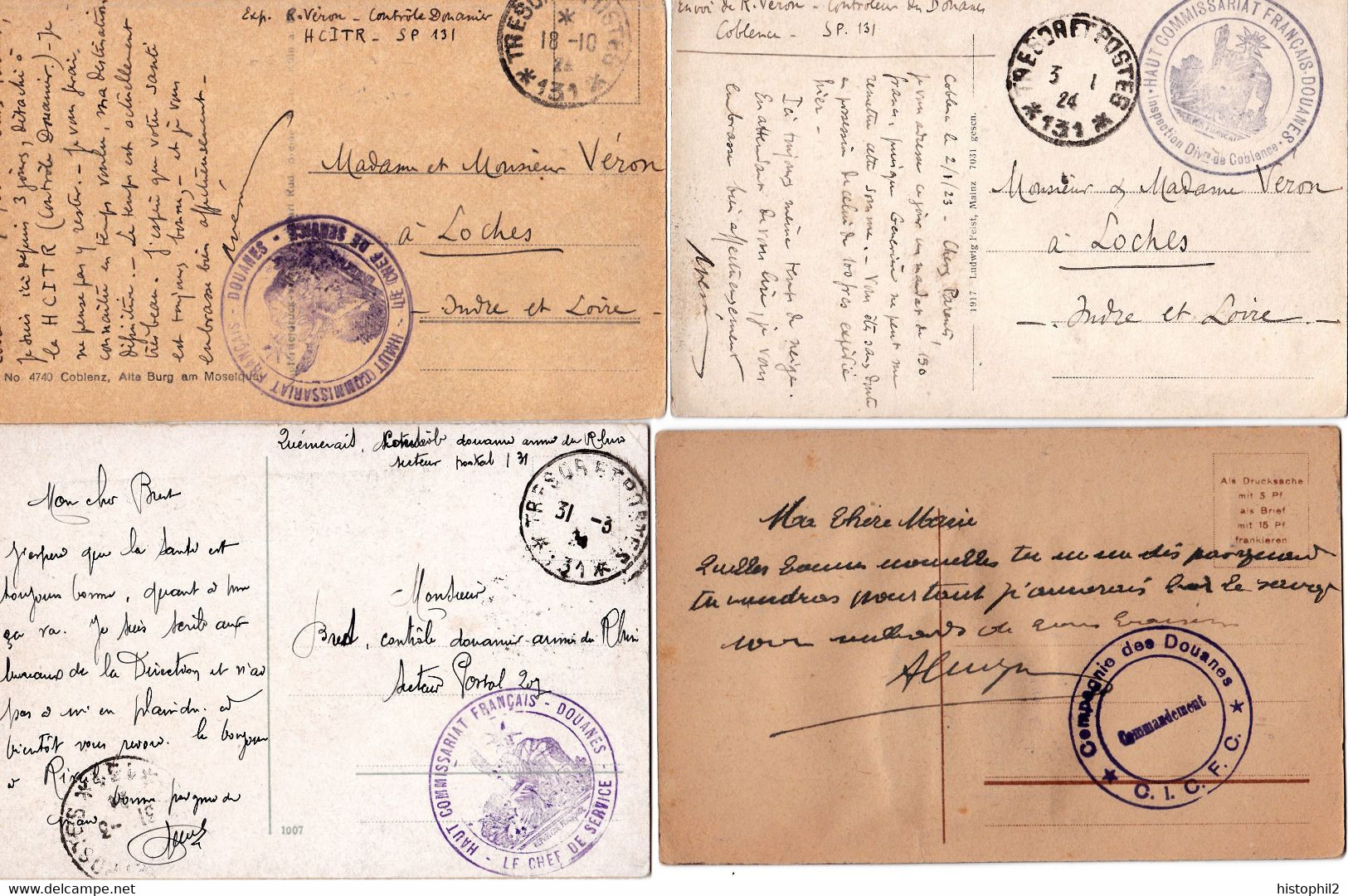 Exceptionnelle collection de 20 CP ill occupation française douaniers Rhin & Ruhr 1923-1924 en FM sf 1 affranchie à 10c