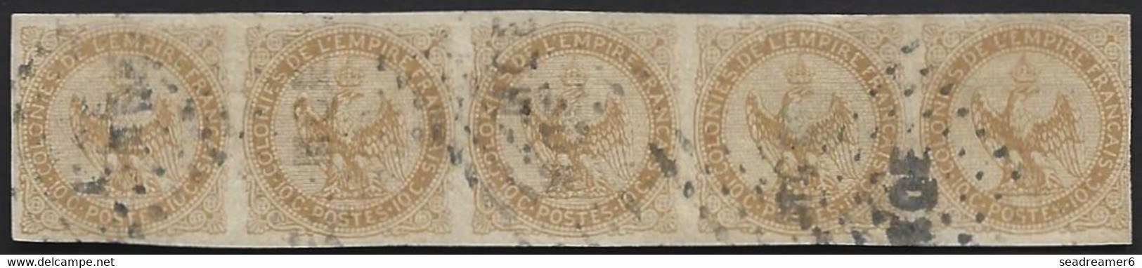 France Colonies Générales N°3 10c Bande De 5 Obl Losange MQE Martinique RR !! Signé Behr - Eagle And Crown