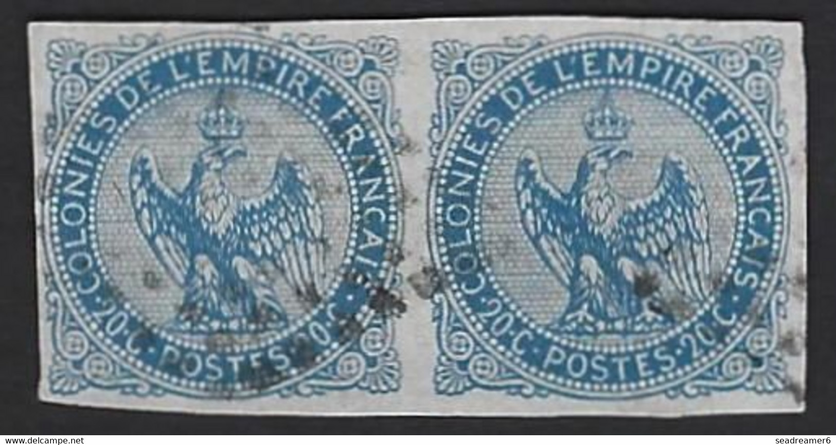 France Colonies Générales N°4 20c Paire Obl Losange De Points Losangiques Signé Brun - Eagle And Crown