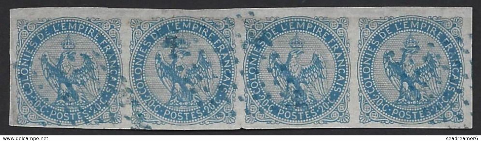 France Colonies Générales N°4 20c Bande De 4 Obl Losange 8 X 8 Bleu Losangique Rare !! Signé Behr - Eagle And Crown