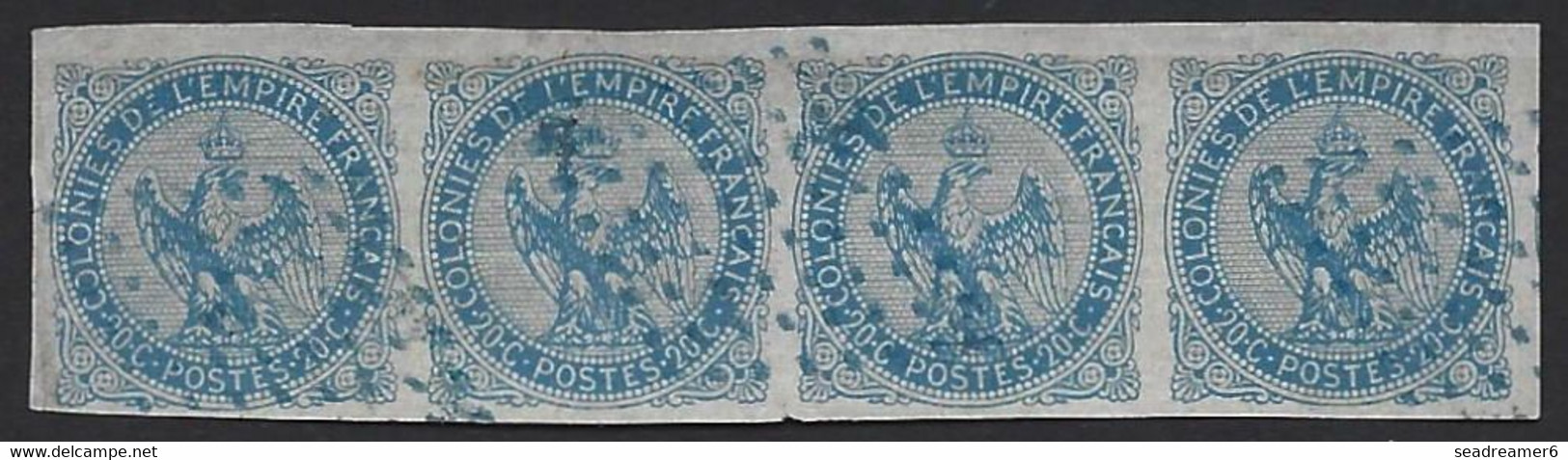 France Colonies Générales N°4 20c Bande De 4 Obl Losange 8 X 8 Bleu Losangique Rare !! Signé Behr - Águila Imperial