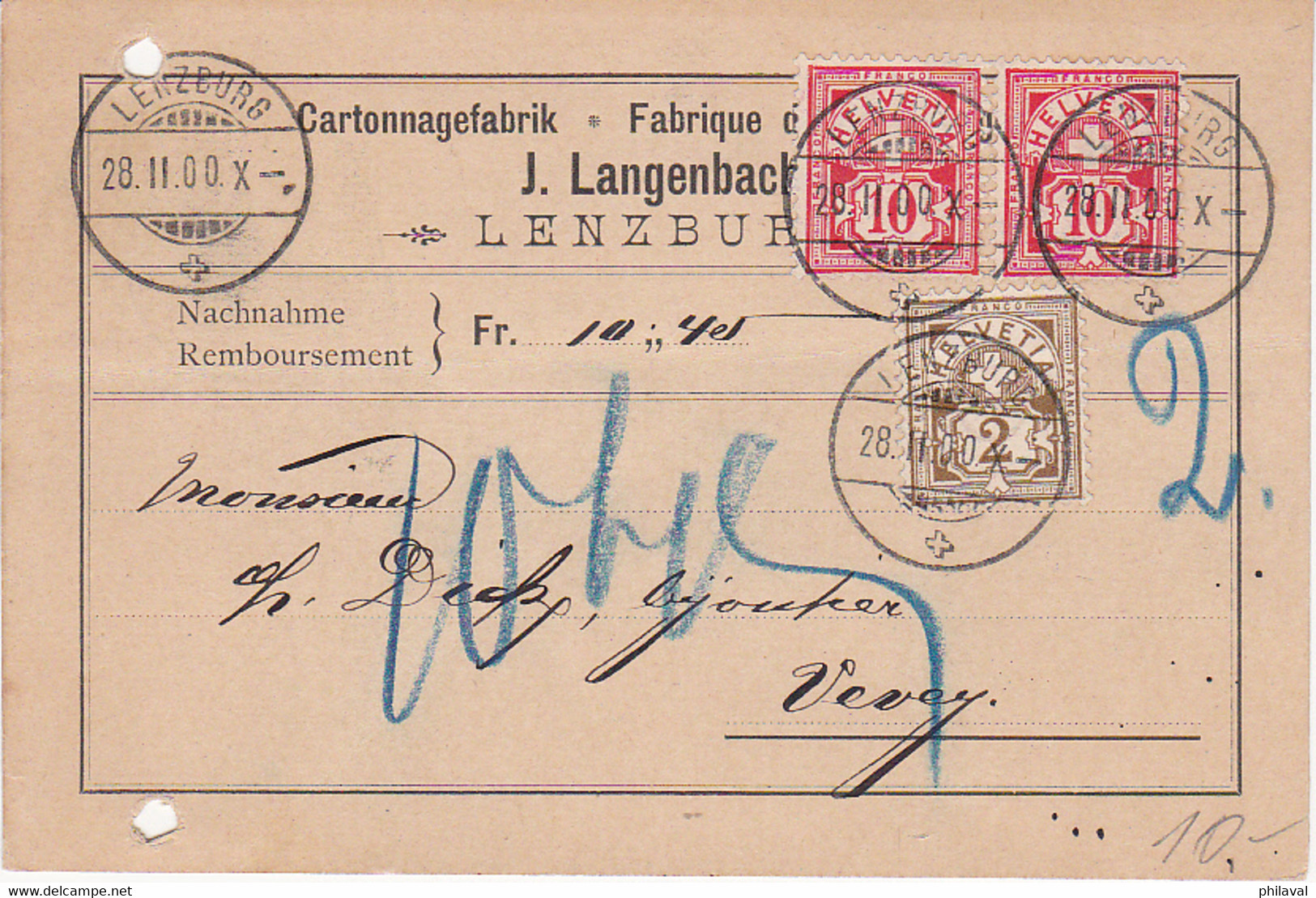 Carte Commerciale De La Firme Cartonnagefabrik J.Langenbach. Lenzburg - 1900 - Bel Affranchissement - Lenzburg