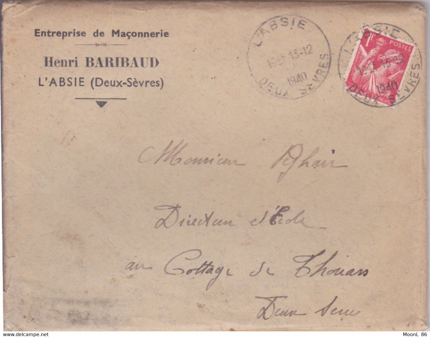 1940 - LETTRE AVEC ENVELOPPE A ENTETE - ENTREPRISE MAÇONNERIE - HENRI BARIBAUD A L'ABSIE DEUX-SEVRES - 1900 – 1949