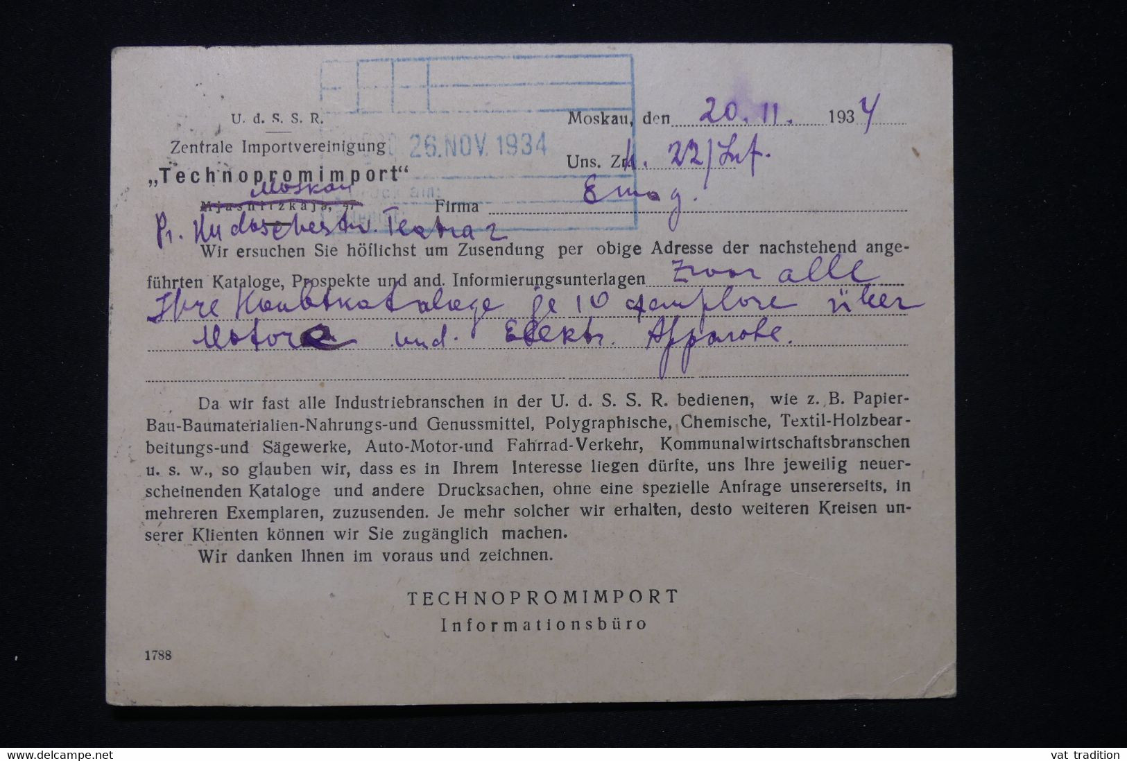 U.R.S.S. - Carte Commerciale De Moscou En 1934 Pour L 'Allemagne - L 91859 - Cartas & Documentos