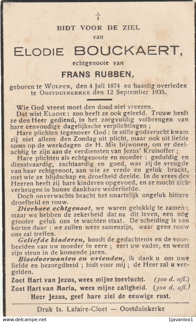 Wulpen, Oostduinkerke, 1935, Elodie Bouckaert, Rubben - Devotieprenten