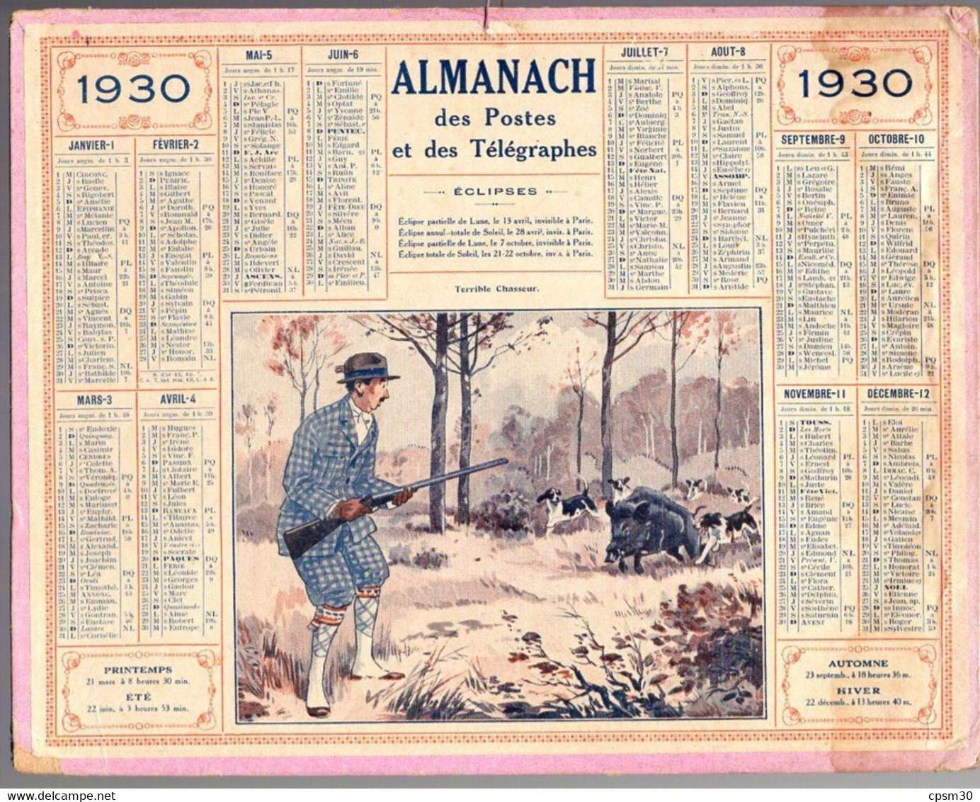 CALENDRIER GF 1930 - Terrible Chasseur Et Le Sanglier, Imprimeur Oberthur Rennes - Grand Format : 1921-40