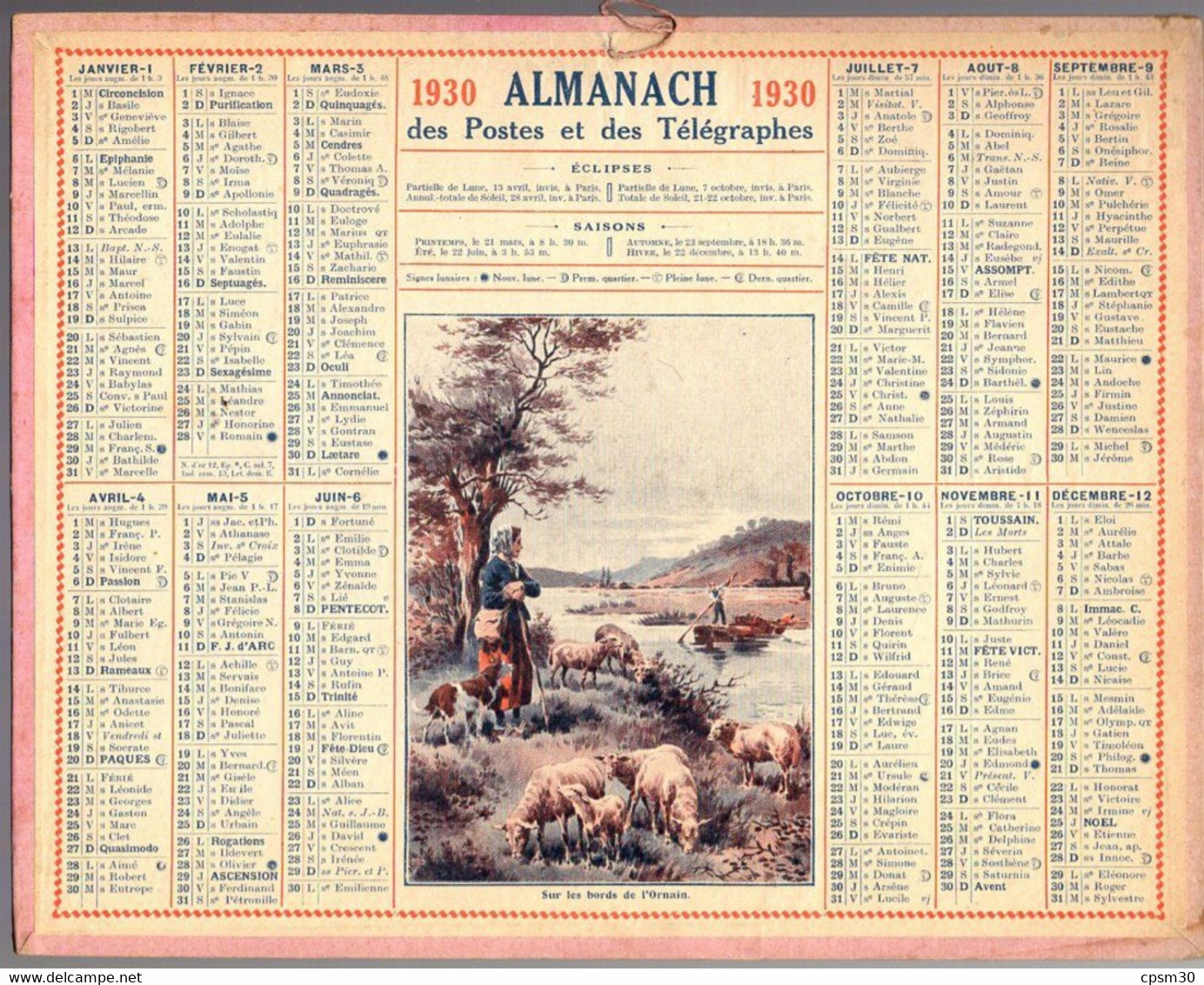 CALENDRIER GF 1930 - Bergère Et Moutons Sur Les Bords De L'Ornain (Meuse Ou Marne), Imprimeur Oberthur Rennes - Grand Format : 1921-40