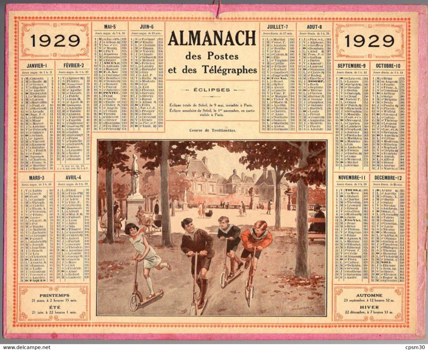 CALENDRIER GF 1929 - Course De Trottinettes, Imprimeur Oberthur Rennes - Grand Format : 1921-40