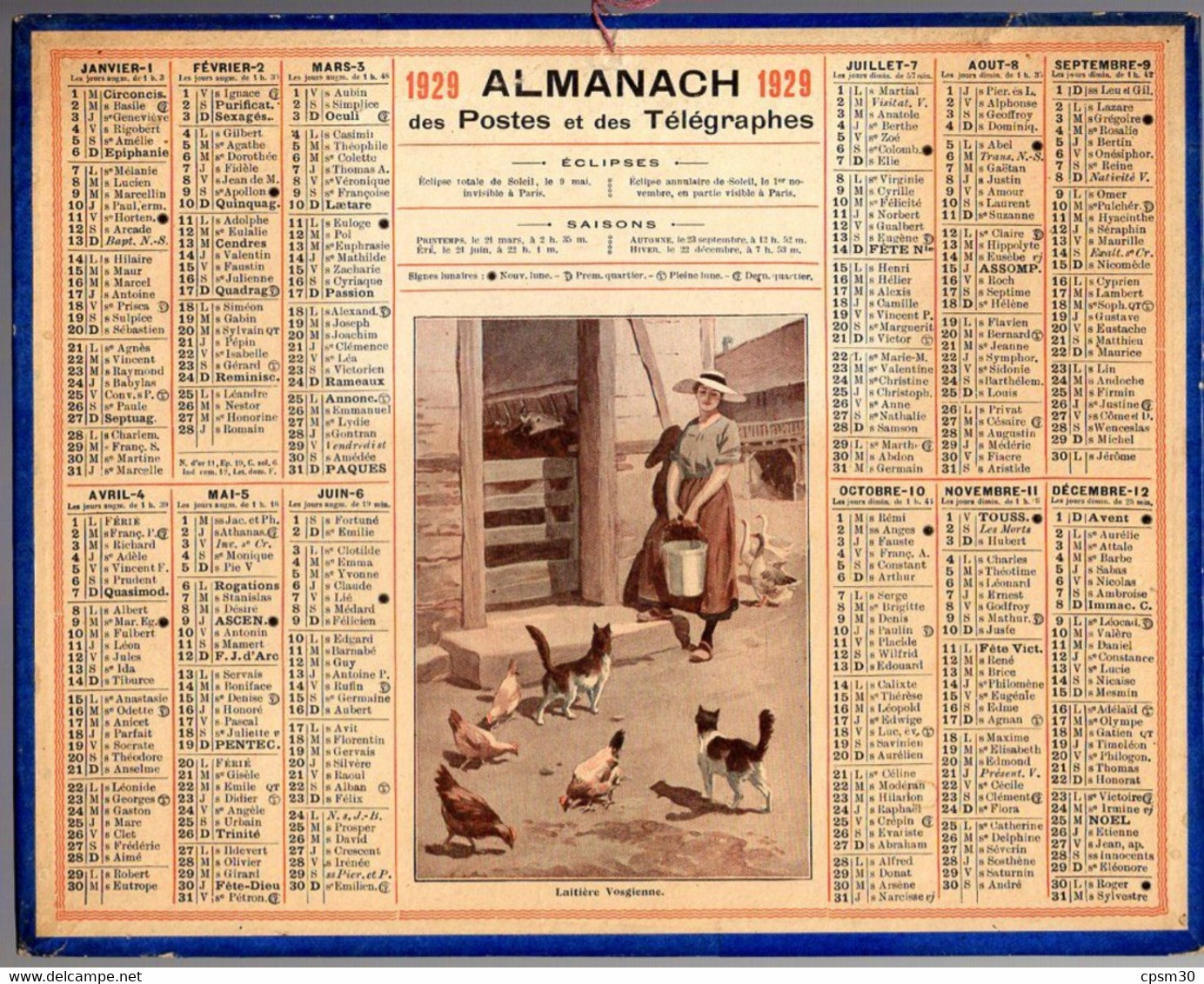 CALENDRIER GF 1929 - Laitière Vosgienne à La Ferme (chats Et Animaux), Imprimeur Oberthur Rennes - Grand Format : 1921-40