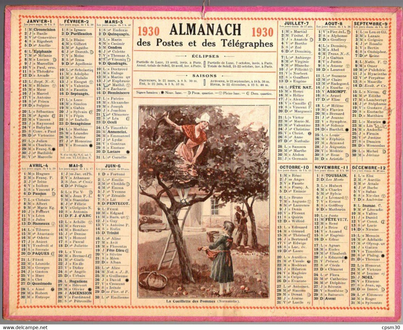 CALENDRIER GF 1930 - La Cueillette Des Pommes En Normandie, Imprimeur Oberthur Rennes - Grand Format : 1921-40