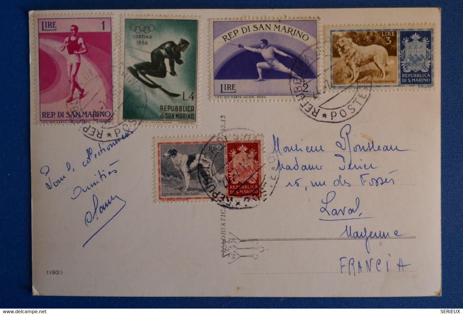 M7 SAN MARINO BELLE CARTE 1957 POUR LAVAL FRANCE+ AFFRANCH. INTERESSANT - Lettres & Documents