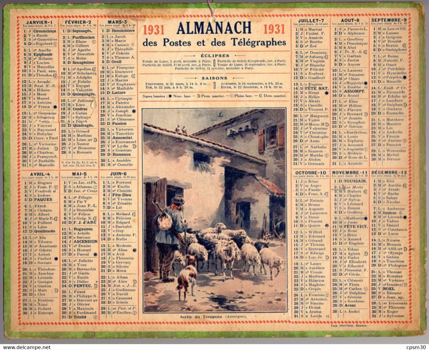 CALENDRIER GF 1931 - Sortie Du Troupeau De Moutons En Auvergne, Imprimeur Oberthur Rennes - Grand Format : 1921-40