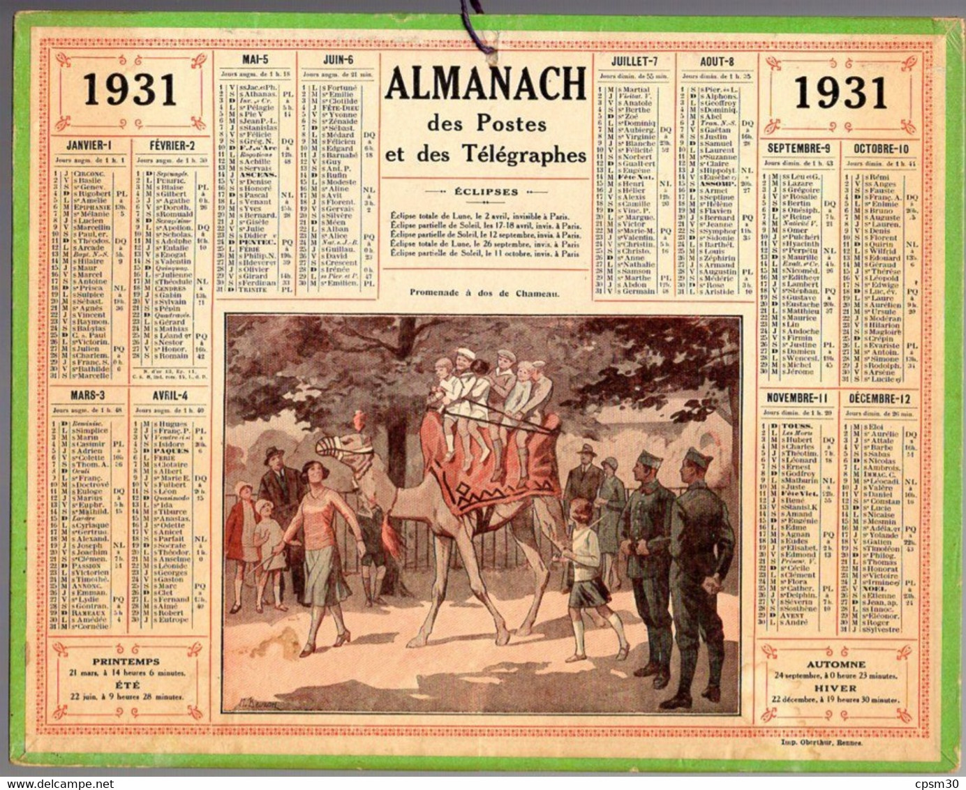 CALENDRIER GF 1931 - Promenade à Dos De Chameau, Imprimeur Oberthur Rennes - Big : 1921-40