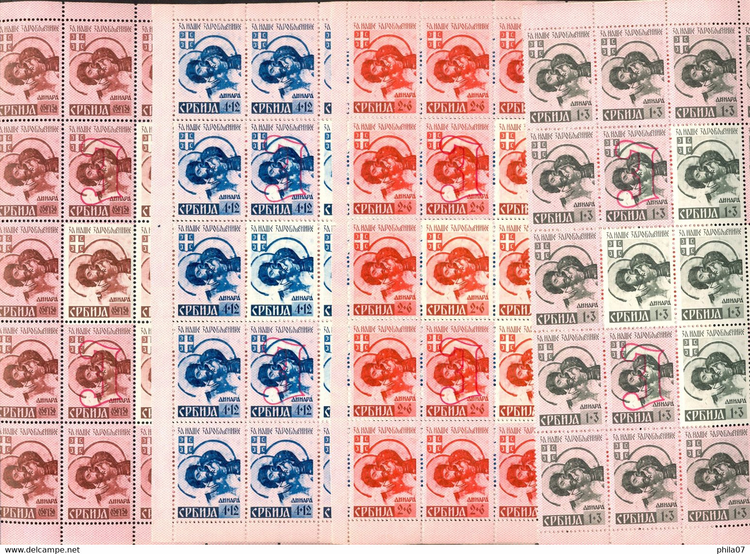 SERBIA - Mi.No. 54/57, Half Leaf. Grid Down On Mark 4+12. On The Other Three Grid Is Up. One Stamp 0.50+0.50 In The Uppe - Servië