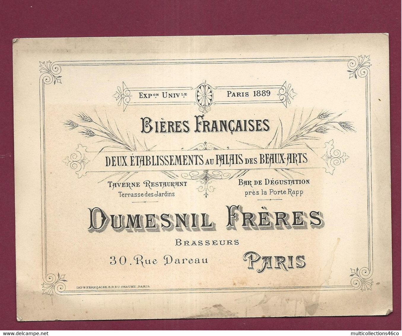 130321 - CARTE DE VISITE ANCIENNE - 75 PARIS 30 Rue Dareau DUMESNIL Brasserie Marché Aux Chevaux Bière Taverne Expo 1889 - Ambachten In Parijs