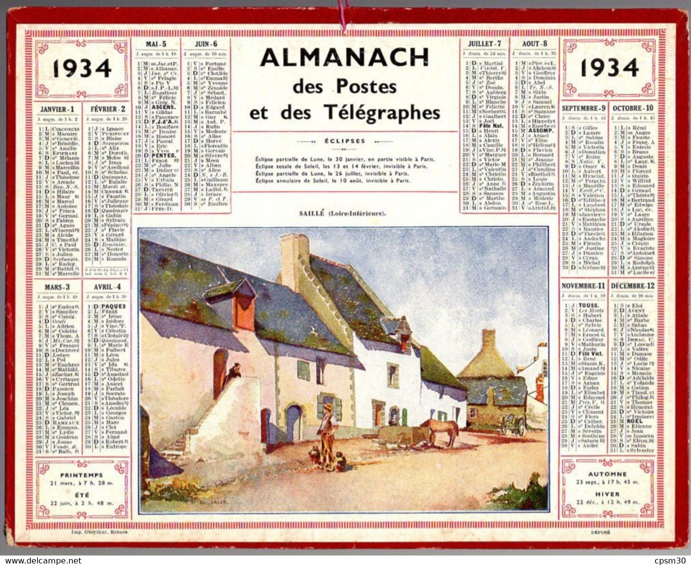 CALENDRIER GF 1934 - SAILLE (Loire-Inférieure) Le Village, Imprimeur Oberthur Rennes - Grand Format : 1921-40