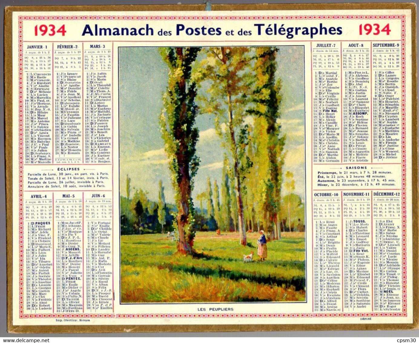 CALENDRIER GF 1934 - Les Peupliers, Imprimeur Oberthur Rennes - Big : 1921-40