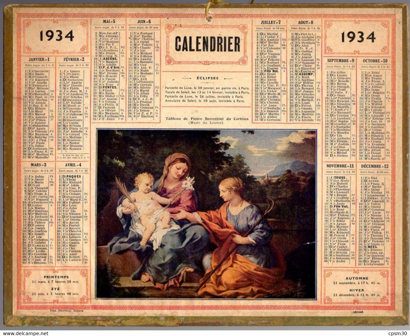 CALENDRIER GF 1934 - Tableau De Pietro Berrettini Da Cortona, Imprimeur Oberthur Rennes - Grand Format : 1921-40