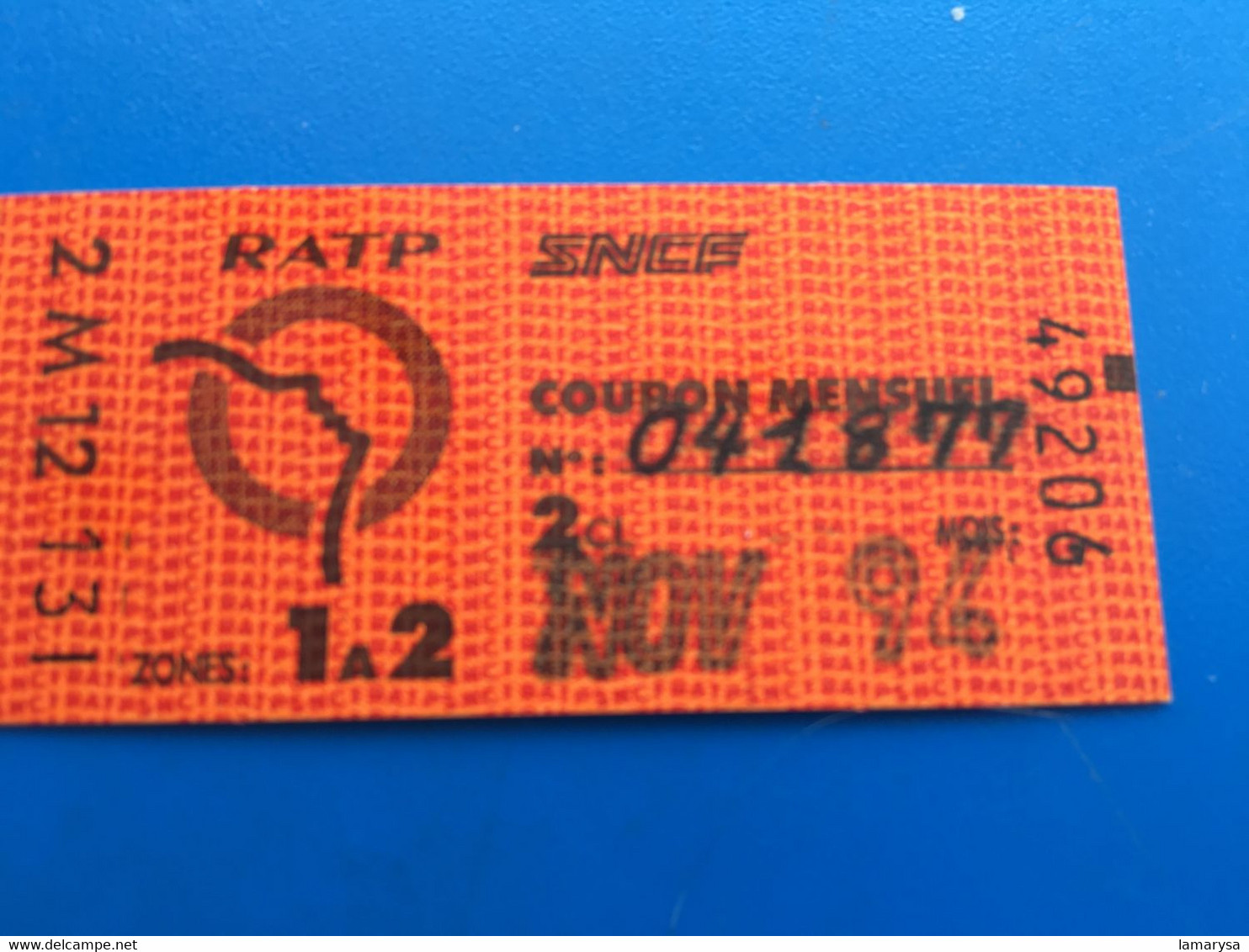 Nov  94 -Ticket Billet Métro-Bus-Train-S.N.C.F✔️R.A.T.P-☛Régie Autonome Transport Parisien-Train-Métropolitain-Zone 1/2 - Europa