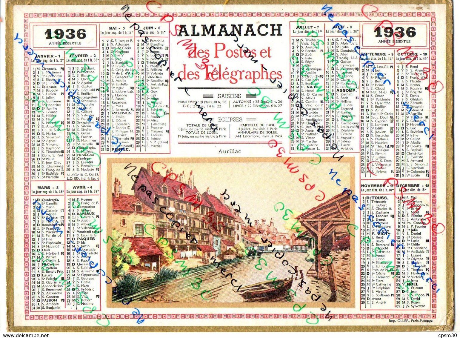 CALENDRIER GF 1936 - Aurillac Dessin De S Baudier, Imprimeur Oller - Groot Formaat: 1921-40