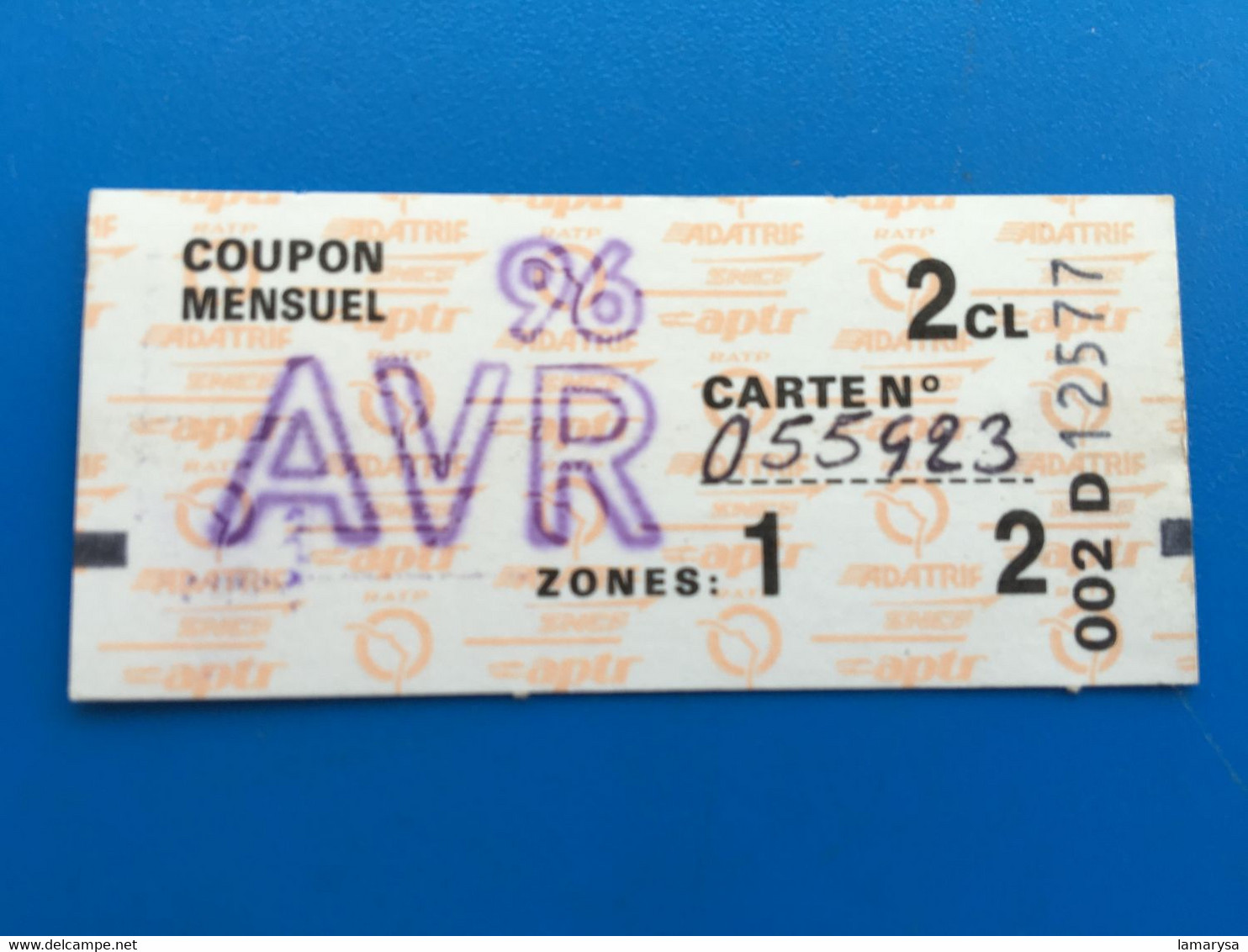 Avri-96 Ticket Billet Métro-RER-Bus-Train-S.N.C.F✔️R.A.T.P-☛Régie Autonome Transport Parisien-Train-Métropolitain-Coupon - Europe