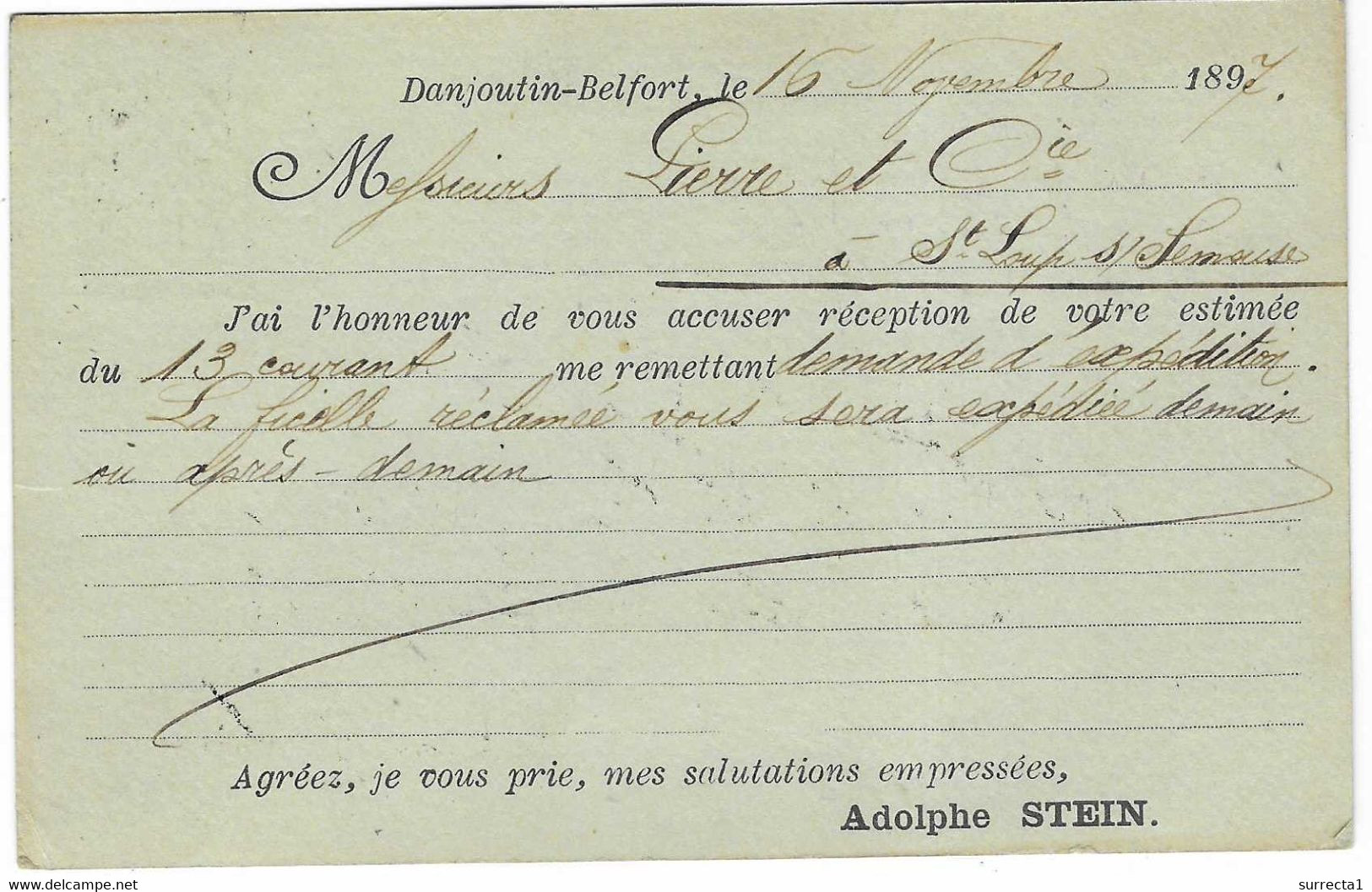 1897 Entier Repiqué / Manufacture Adolphe STEIN / 90 Danjoutin ( Haut-Rhin Français En 1897 ) - PAP: Private Aufdrucke