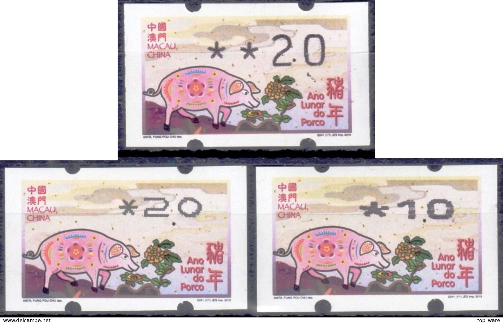 2019 China Macau ATM Stamps Schwein Pig / MNH / Alle Drei Typen Klussendorf Nagler Newvision Automatenmarken Automatici - Automatenmarken